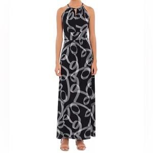 London Times Women's Printed Jersey Halter-Neck Maxi Dress Black/White Sz 12 NWT